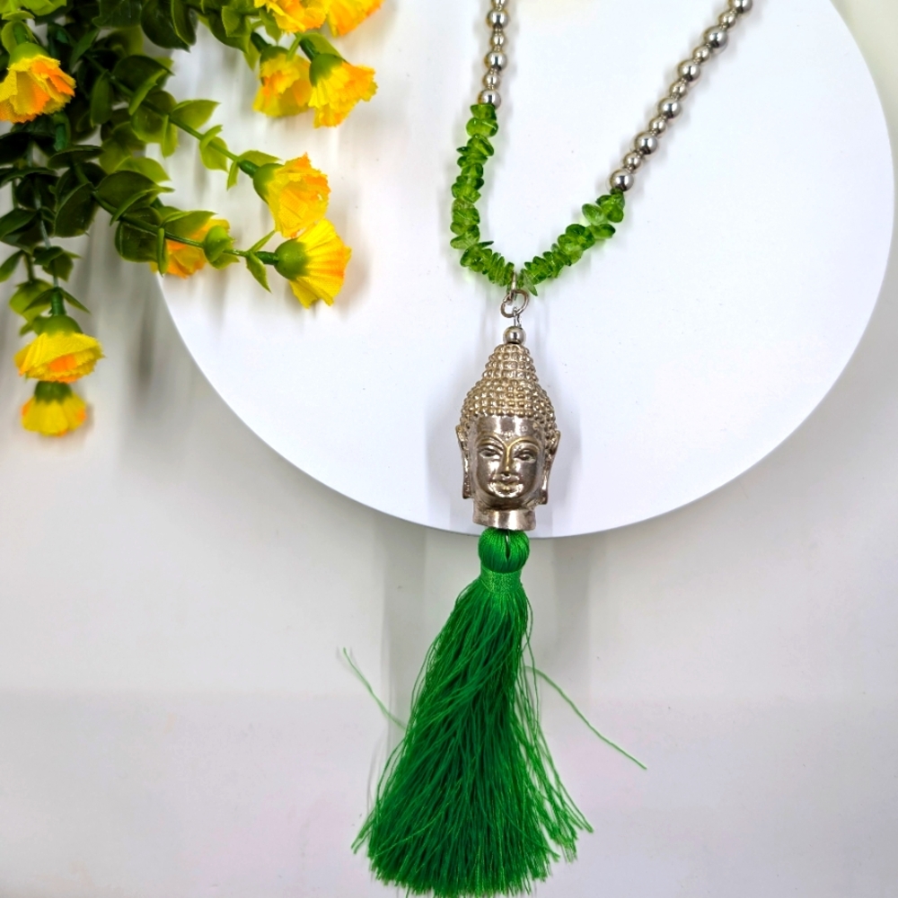 Green Chrome Tourmaline Chip Long Buddha Pendant Vintage Necklace with Tassel